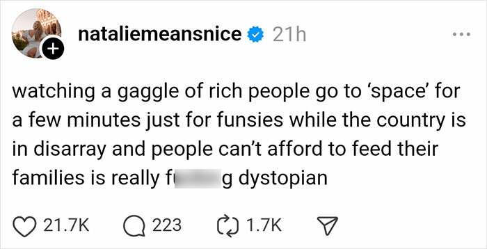 Instagram post critiquing rich using Blue Origin's galactic ride amid societal issues.