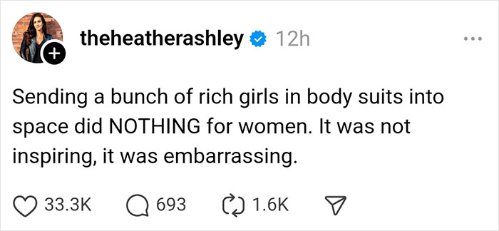 Social media post criticizing Blue Origin's space trip for wealthy individuals.