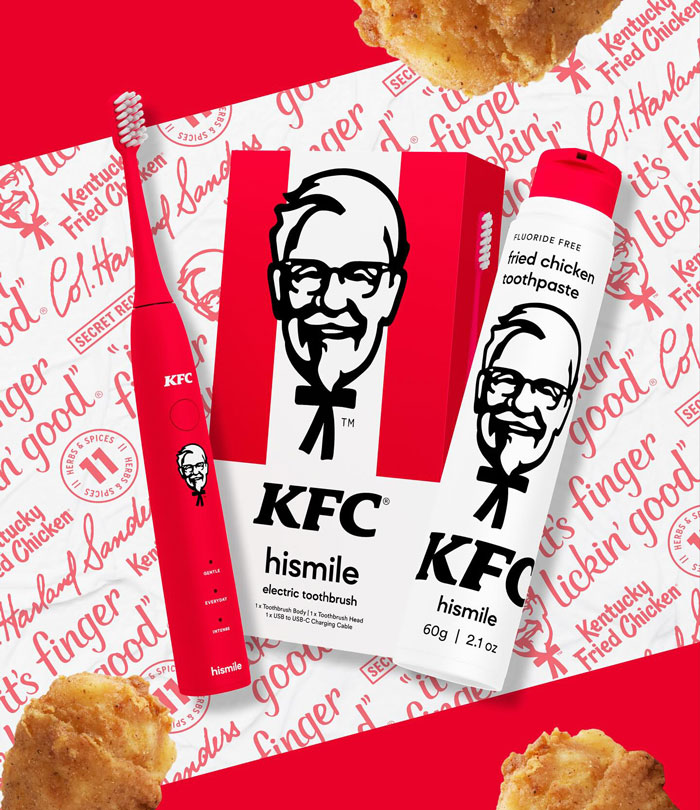 KFC toothpaste and toothbrush featuring 11 herbs and spices design, set against branded packaging and fried chicken.