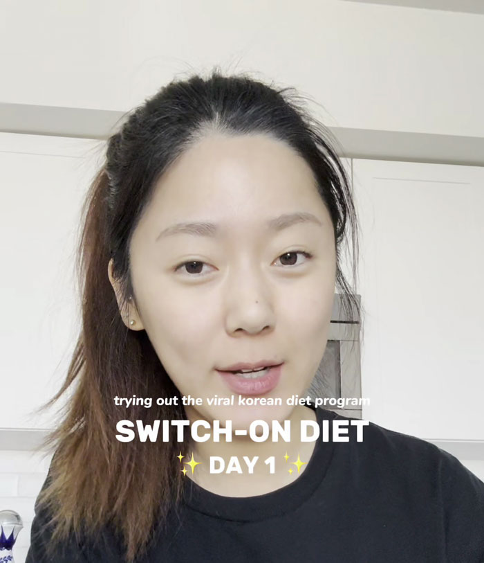 Woman sharing her first day experience with the Switch-On Diet, a viral Korean diet program for fat loss and muscle maintenance