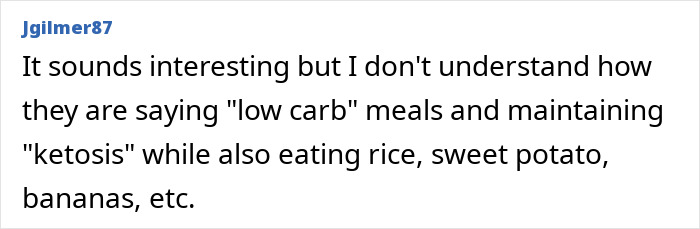 User comment about the Switch-On Diet questioning how low carb meals maintain ketosis while eating rice, sweet potato, and bananas.