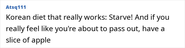 Comment mentioning a Korean diet tip about managing hunger and eating an apple to avoid passing out.