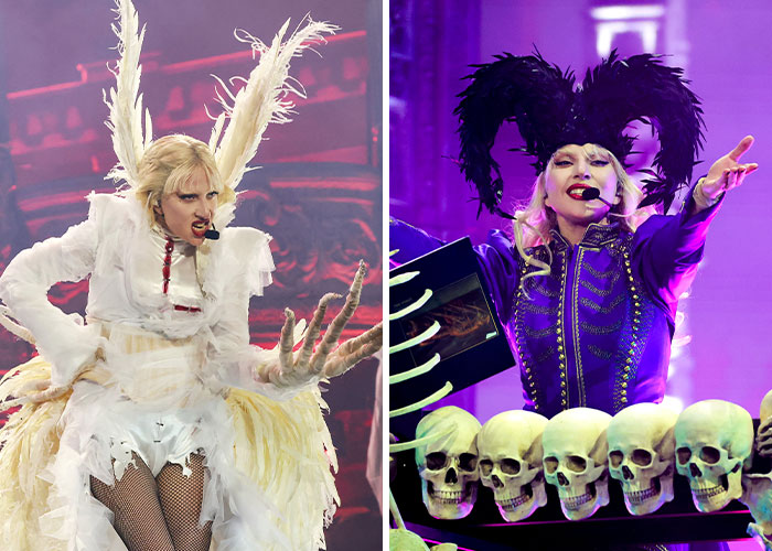 Costumed performer at Coachella 2025 with feathers and skull props, capturing viral and awkward moments.