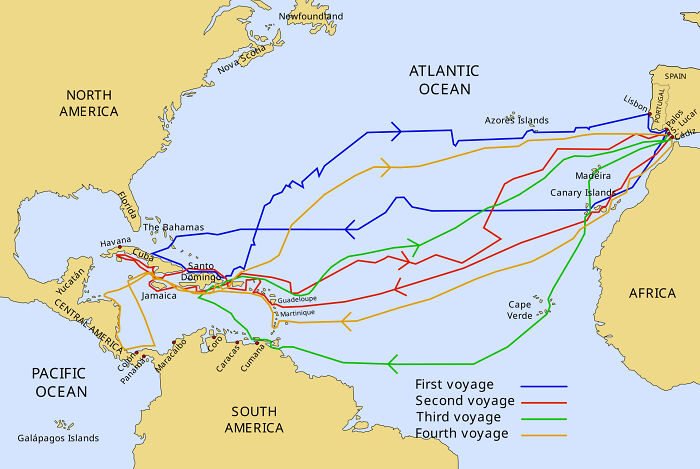 Map showing routes of four voyages across the Atlantic, illustrating last-minute decisions that changed history’s course.