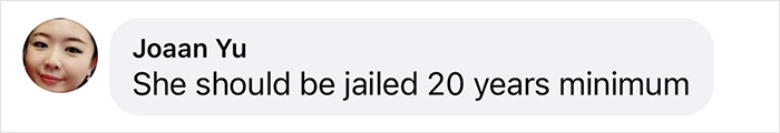 Chat bubble from Joaan Yu: "She should be jailed 20 years minimum," discussing influencer scam controversy.