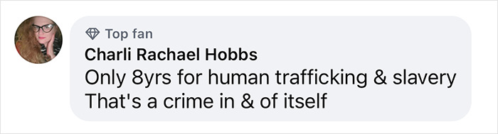 Comment by Charli Rachael Hobbs discussing human trafficking and slavery, highlighting a sentence-related critique.