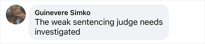 Text bubble expressing discontent with judge's sentencing by Guinevere Simko, relating to Leonardo DiCaprio's ex scandal.