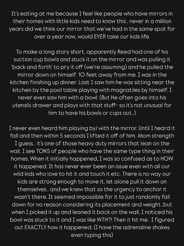 Text warning parents about mirror safety after tragic accident involving influencer's child.