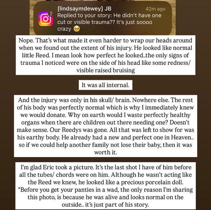 Text conversation about internal injuries of a parenting influencer&rsquo;s son after tragic mirror accident.