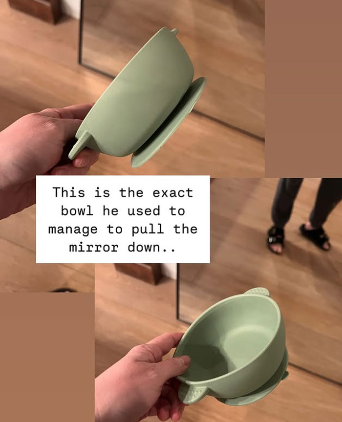 A hand holds the green bowl involved in the tragic mirror accident of parenting influencer's son.