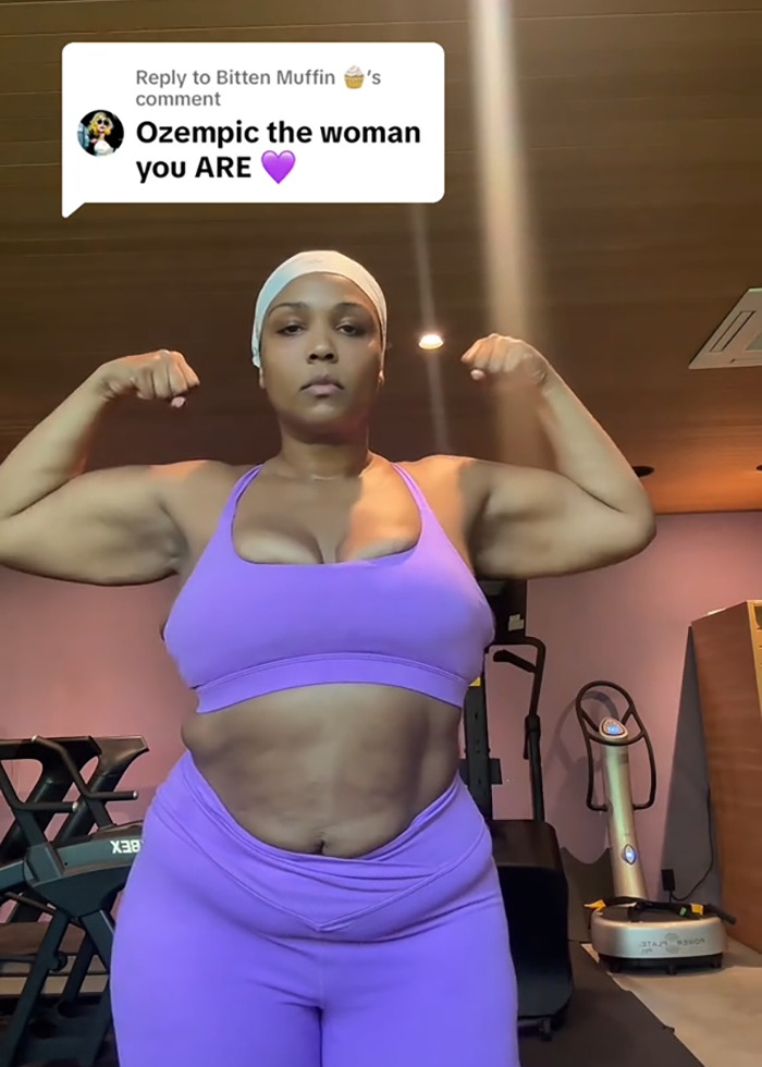 Woman in purple workout attire, flexing muscles in a gym, addressing Ozempic and weight loss methods. Woman in purple workout attire, flexing muscles in a gym, addressing Ozempic and weight loss methods.