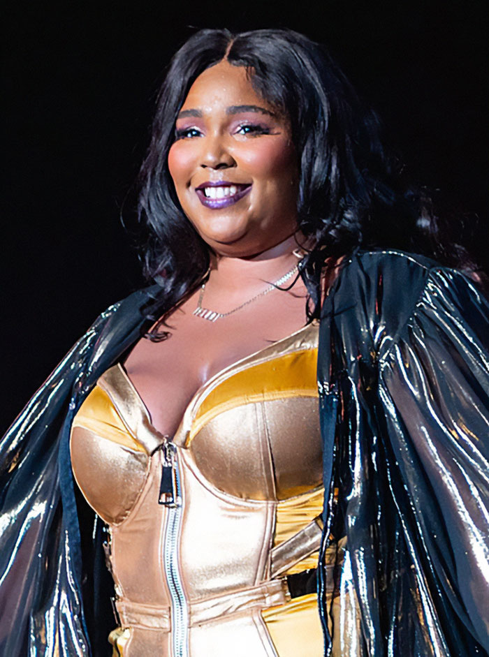 Lizzo in a metallic outfit at a concert, smiling brightly.
