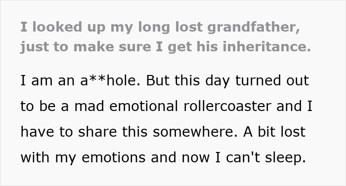 Text excerpt about looking up a long-lost grandfather to secure inheritance, expressing emotional turmoil and loss.