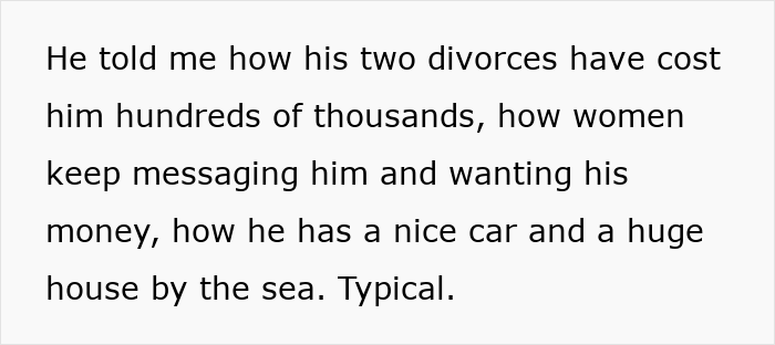 Text describing a man sharing stories about his costly divorces, money, and lifestyle related to inheritance and long-lost grandfather.