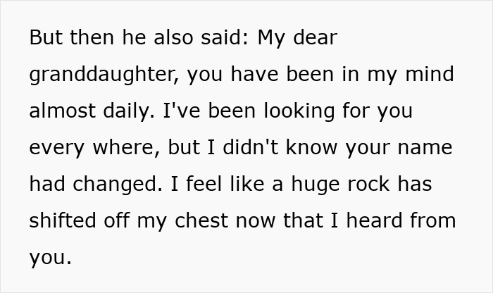 Text excerpt showing a granddaughter explaining how she looked up her long-lost grandfather to secure his inheritance.