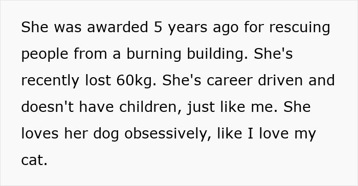 Text about a woman awarded for rescuing people, recently lost weight, career driven, and loving pets, linked to inheritance search.