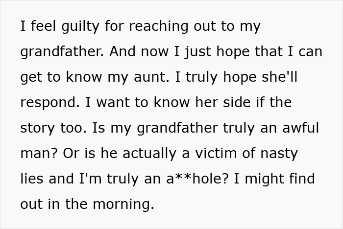 Text about feeling guilty for reaching out to grandfather, hoping to learn about family and inheritance truth.