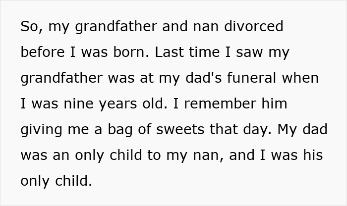 Text excerpt about reconnecting with a long-lost grandfather to ensure inheritance and family legacy.