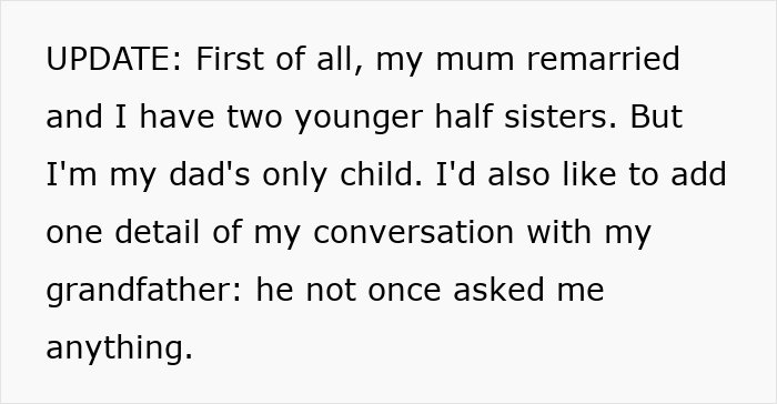 Text update about family background and a conversation with grandfather, related to long-lost grandfather inheritance search.