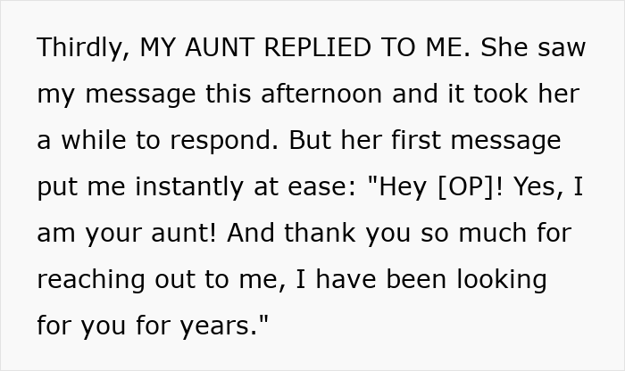Text message conversation showing a reply from an aunt after looking up long-lost grandfather to get inheritance.