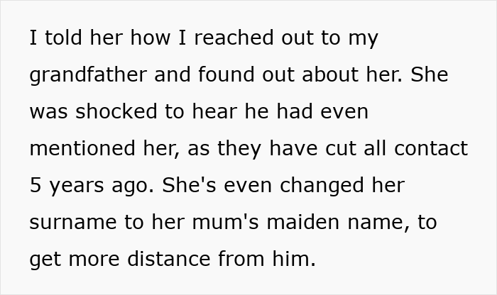 Text excerpt about reaching out to a long-lost grandfather to secure inheritance and family distance issues.