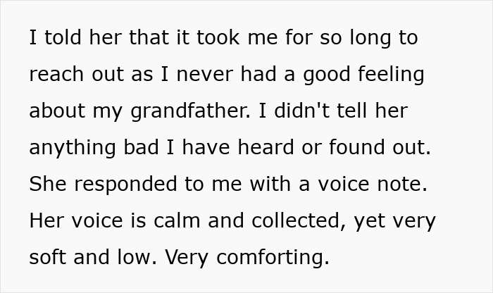 Text about reaching out to a grandfather with a calm and comforting voice note in a personal inheritance story.