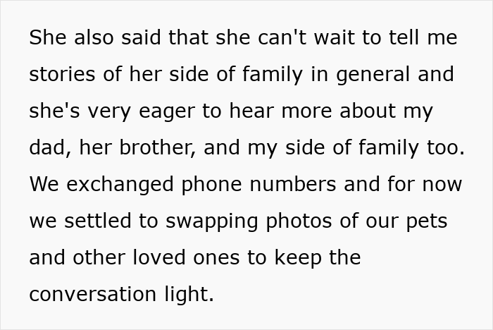 Text excerpt describing exchanging family stories and photos while looking up long-lost grandfather to secure inheritance.