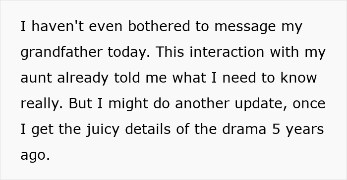 Text excerpt about not messaging a grandfather, reflecting on family drama while searching for long-lost grandfather inheritance details.