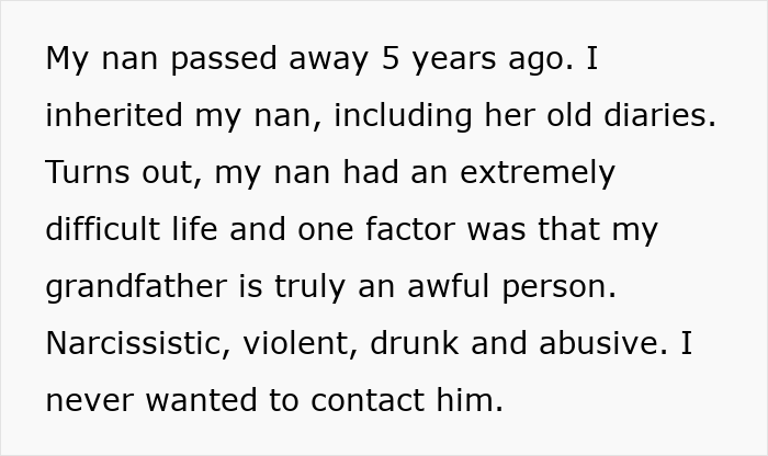 Text excerpt about inheriting nan&rsquo;s diaries revealing her difficult life and distrust of grandfather&rsquo;s abusive behavior.