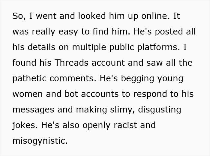 Text describing looking up long-lost grandfather online, finding disturbing posts on his public social media accounts.