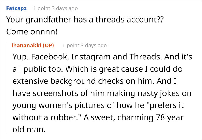 Screenshot of a conversation discussing looking up a long-lost grandfather&rsquo;s social media for background checks and inheritance.
