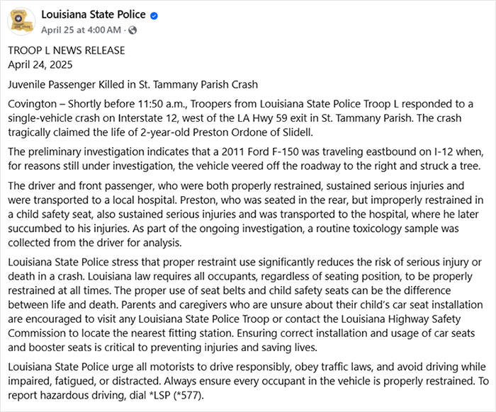 Louisiana State Police announce fatal accident claiming life of 2-year-old TikTok star 'Okay Baby' in news release.