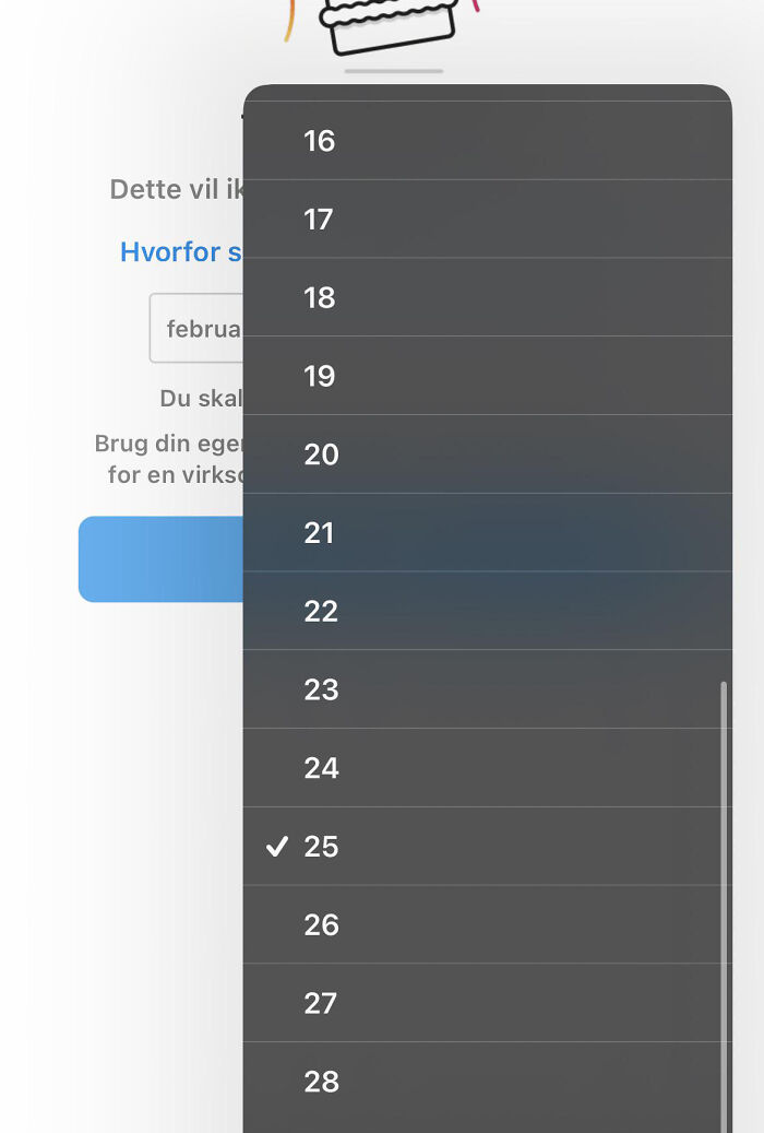 Dropdown menu showing age selection from 16 to 28, highlighting 25 with confidence.