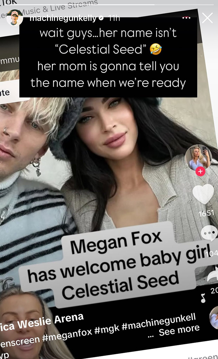 Machine Gun Kelly and Megan Fox address baby name confusion in social media post.