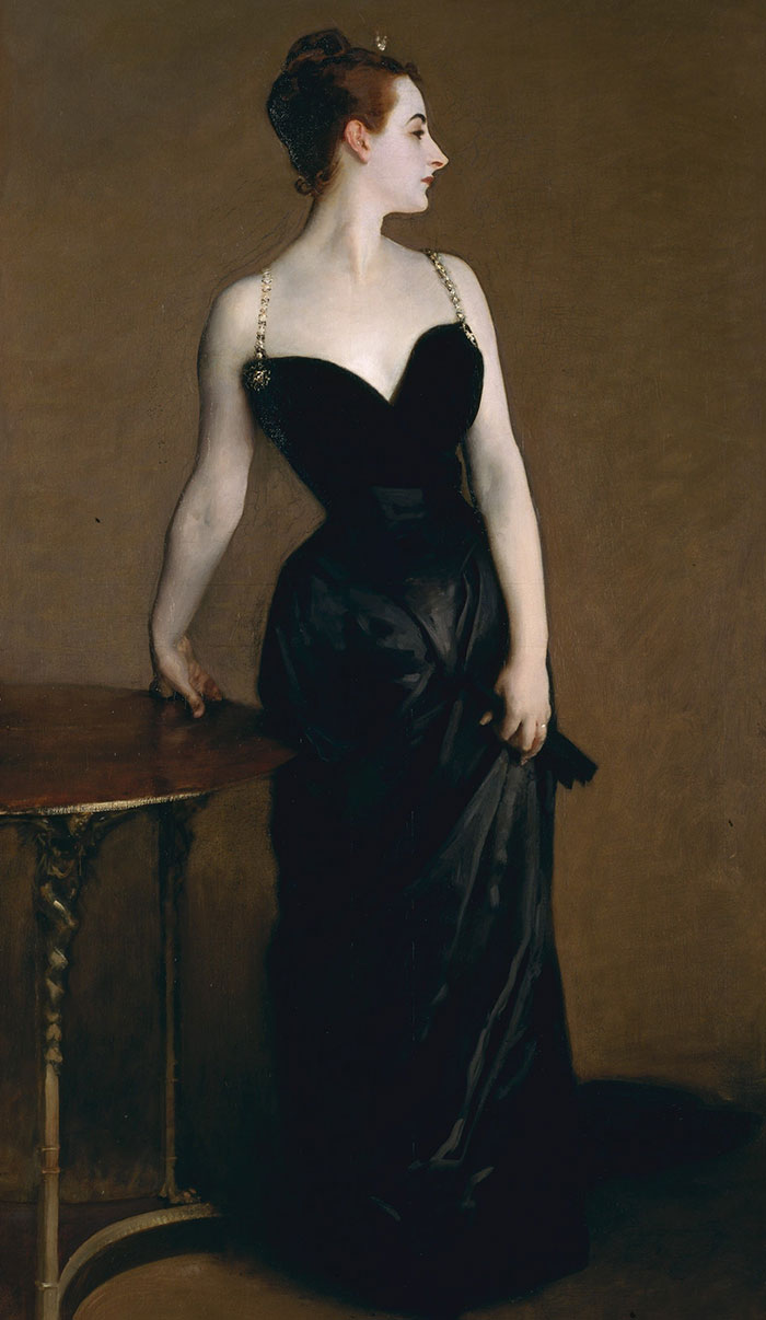 Scandalous painting returns to Metropolitan Museum, showing a woman in an elegant black dress against a dark background.