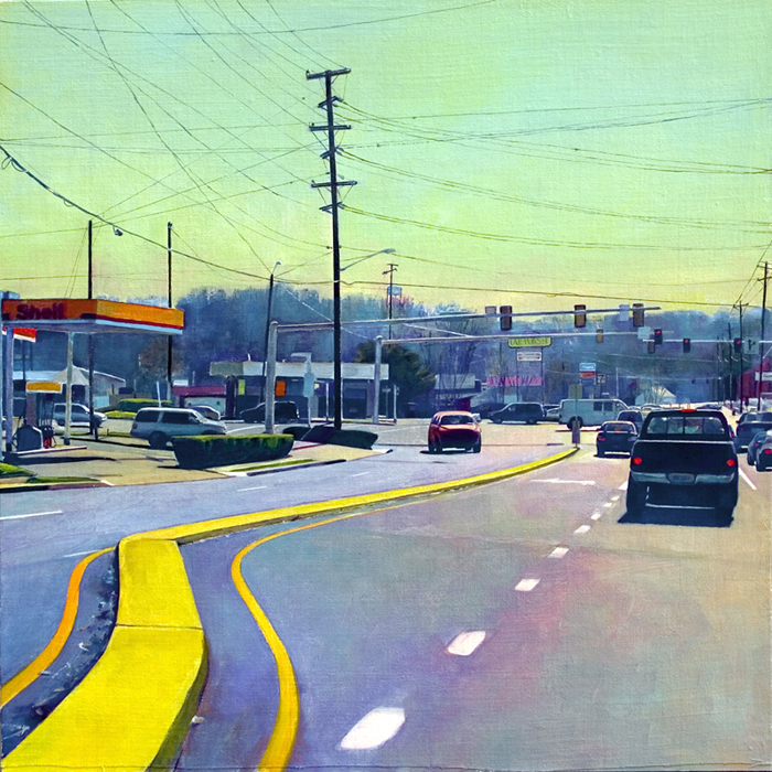 Quiet street with sunlit windows, power lines, and cars on a bright day, captured in a painting by Susan Abbott.