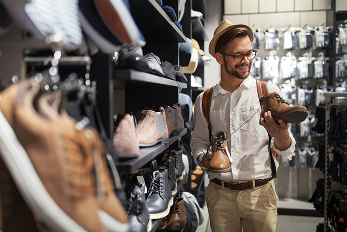 Man smiling while shopping for shoes, practicing the art of being present during a mindful retail experience.