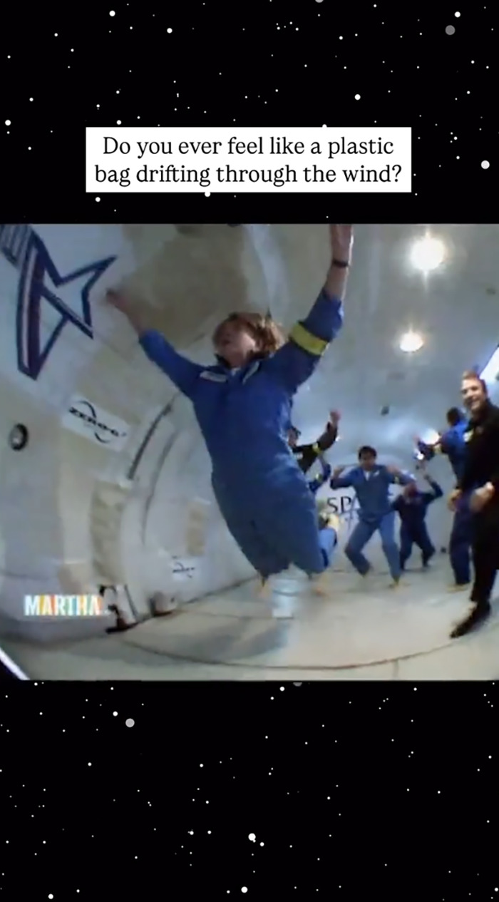 People floating in zero gravity, dressed in blue suits, during a Blue Origin experience, referencing astronauts.