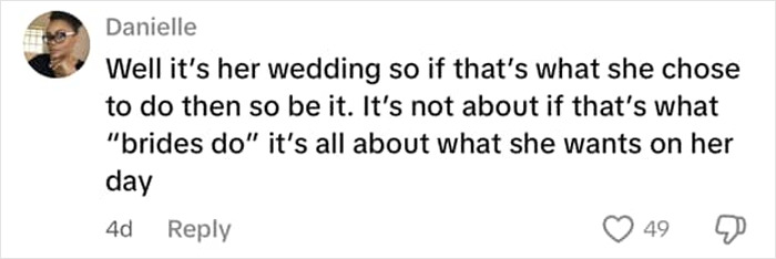 Comment from Danielle discussing wedding dress choice and guest dress appropriateness in a mass debate after bride's comment.