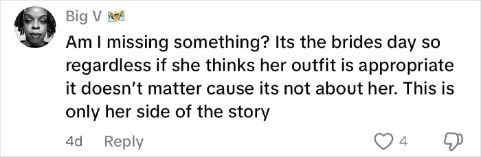 Comment discussing bride's opinion on guest's dress being inappropriate, sparking mass debate for a wedding event.