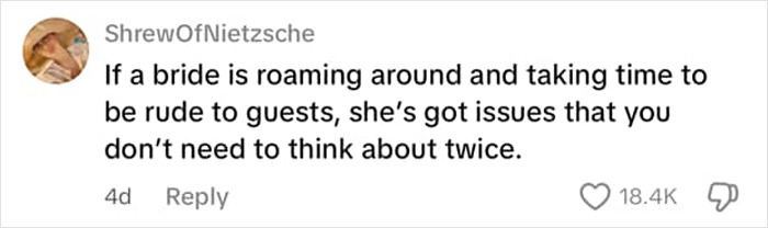 Comment from user ShrewOfNietzsche discussing a bride being rude to guests, sparking debate over inappropriate wedding dress choices.