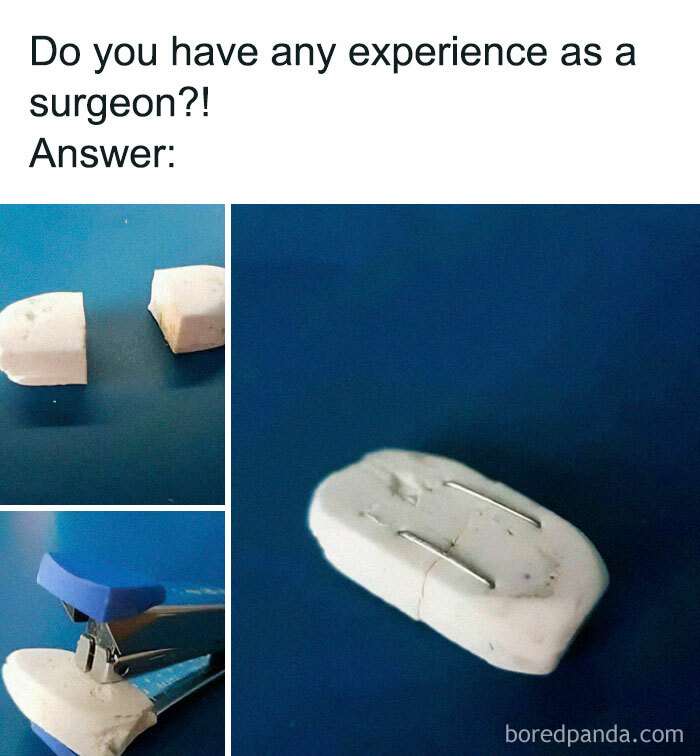 Eraser surgery meme humorously depicting medical school experience using a stapler and eraser.