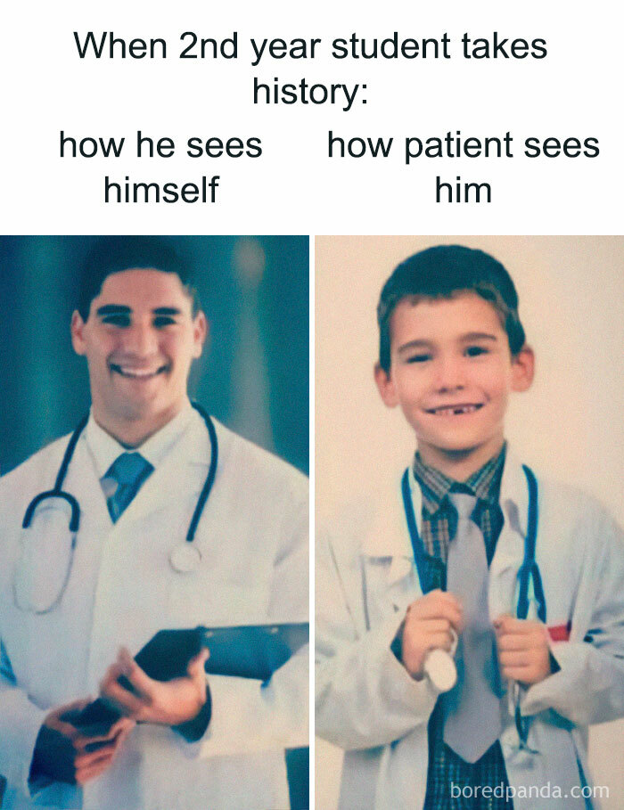 Medical school meme showing a student's self-image versus how patients see them.