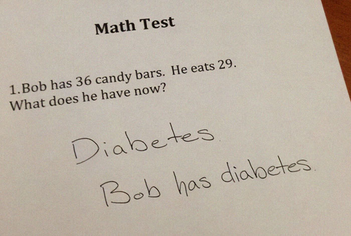 Math test humor: student answers "diabetes" when asked about candy bars, a meme about medical school life.