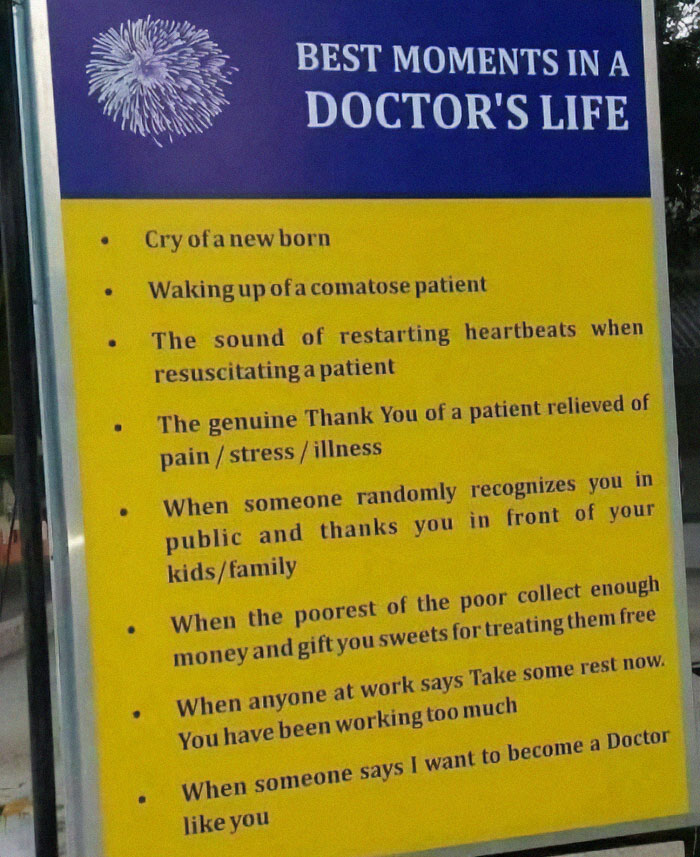 Sign listing heartfelt moments in a doctor's life, capturing the essence of medical school experiences.