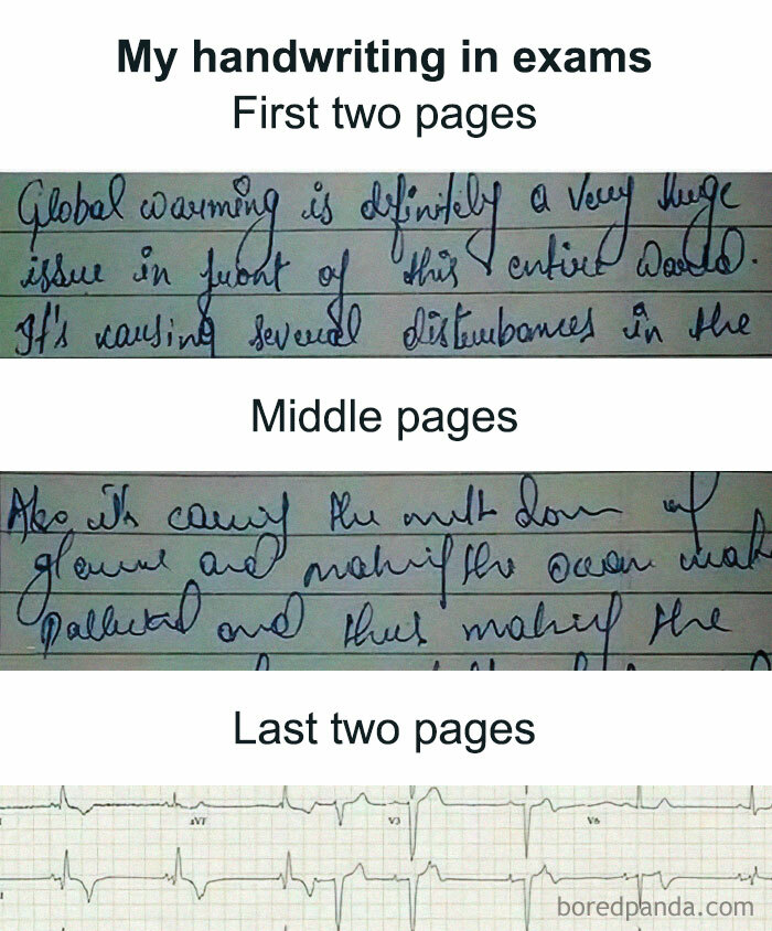 Funny meme comparing messy handwriting to an ECG, summing up medical school experience.