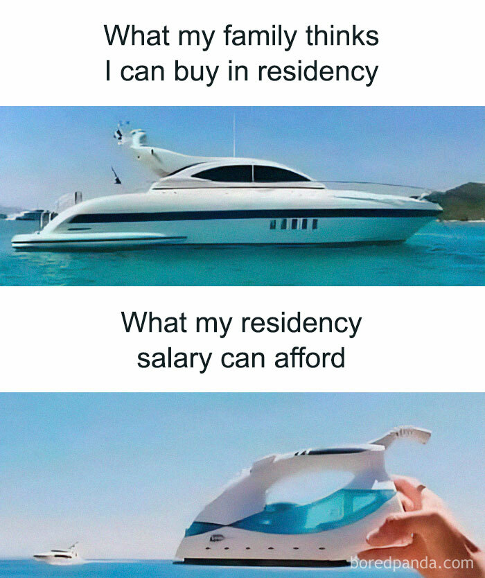 Yacht vs. iron meme humorously highlights medical school finances in residency.