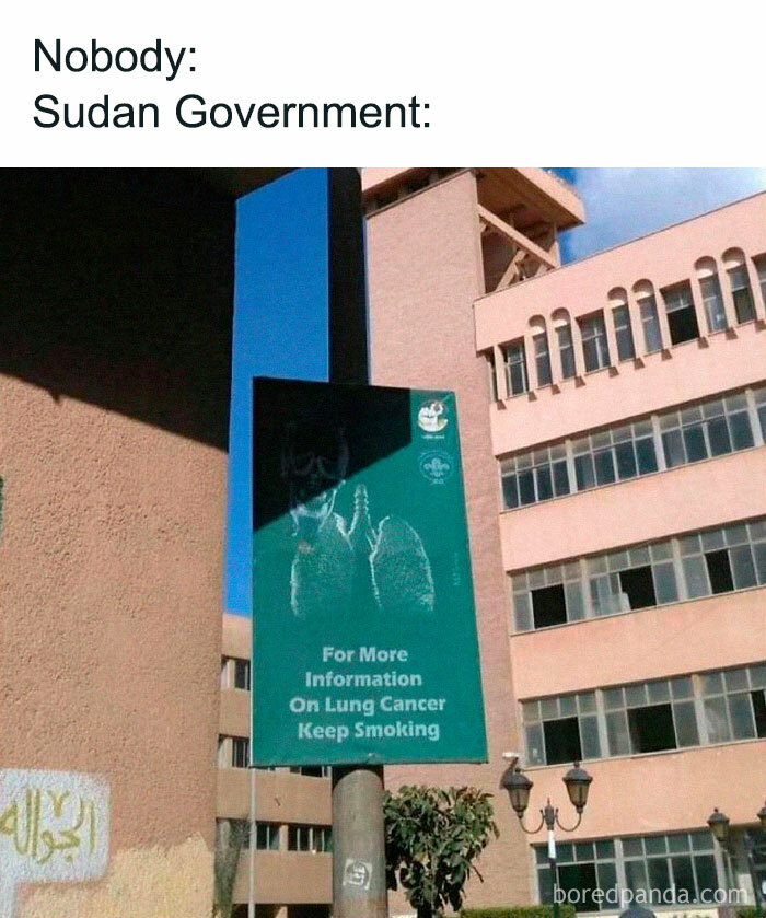 Medical school meme featuring a satirical sign about lung cancer in Sudan.