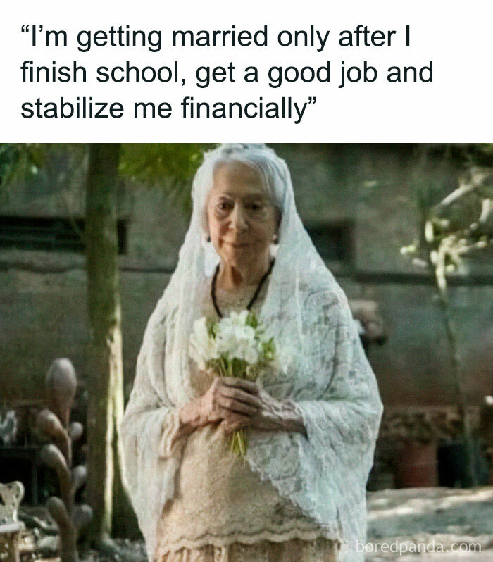Elderly woman in wedding attire humorously portrays the long journey of medical school.