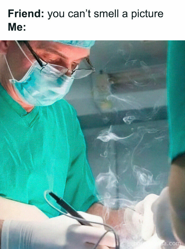 A surgeon in a smoke-filled operating room, capturing a humorous take on medical school experiences.